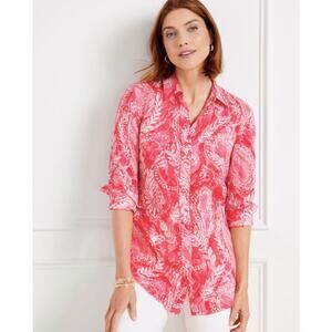 Talbots NWT Linen Boyfriend Shirt Brushed Paisley Button Up Womens Size XS
